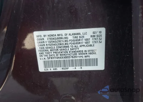 2010 Honda Pilot Ex из США, поврежденный, VIN 5FNYF4H4XAB037639